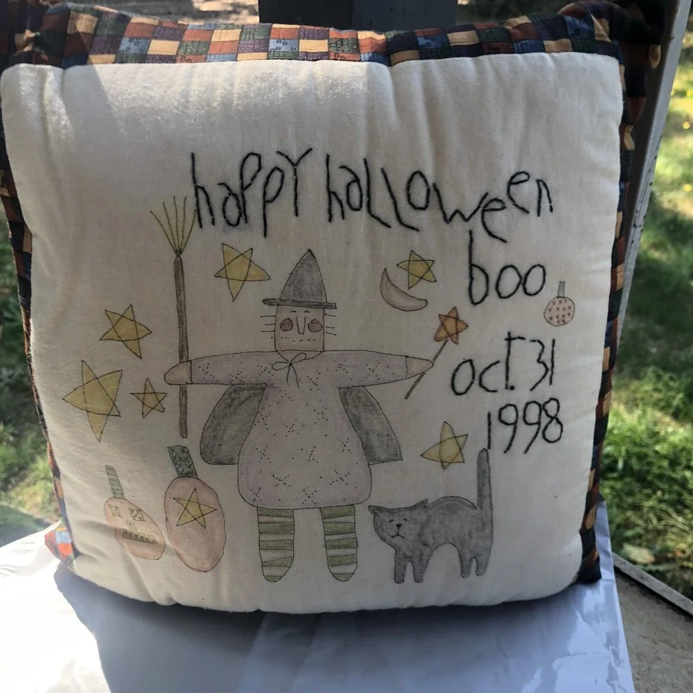 Halloween Pillow Decor 12 X 12 Print And Embroidered Letters VTG Pillow